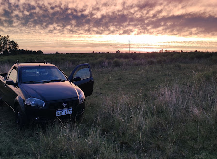 Vehículo en un campo al atardecer